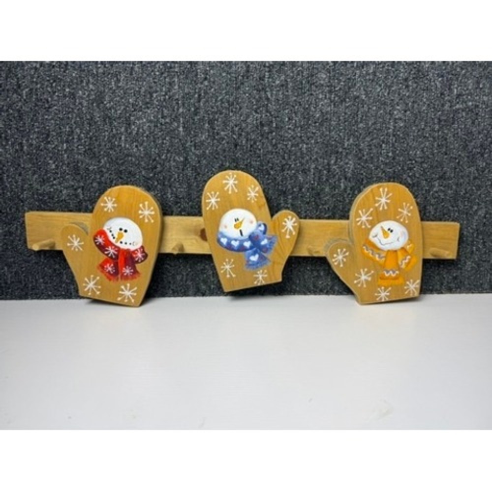 Snowman Mitten Wooden Wall Peg Rack Winter Decor Stocking Holder 90s Christmas